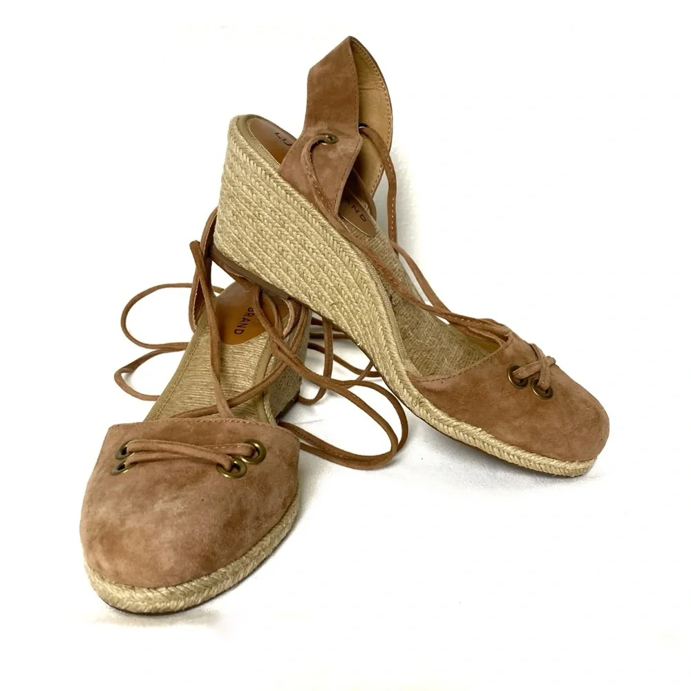 LUCKY BRAND KELLER Suede Platform Wedge Gladiator Lace Up Espadrille Tan Sandals